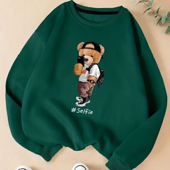 Bear & Selfie Cartoon Print Sweatshirt, Casual Long Sleeve Crew Neck Sweatshirt - Picture 1 of 10